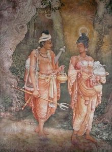 Danta e Hemamala, vestidos como peregrinos (obra de Solius Mendis)